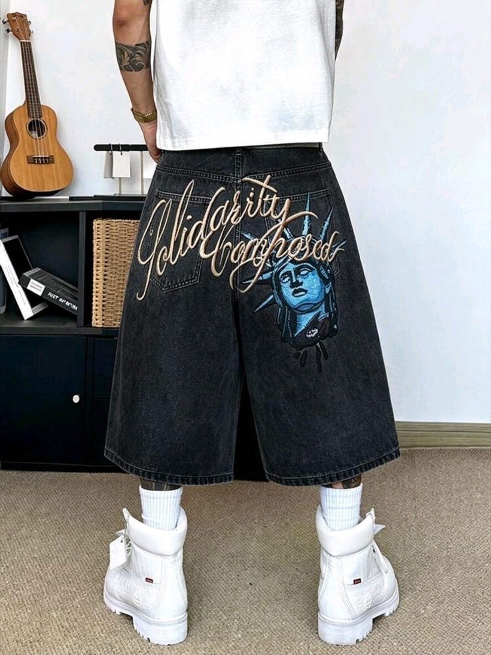Black Graphic Men’s Denim Shorts with Blue Statue Print